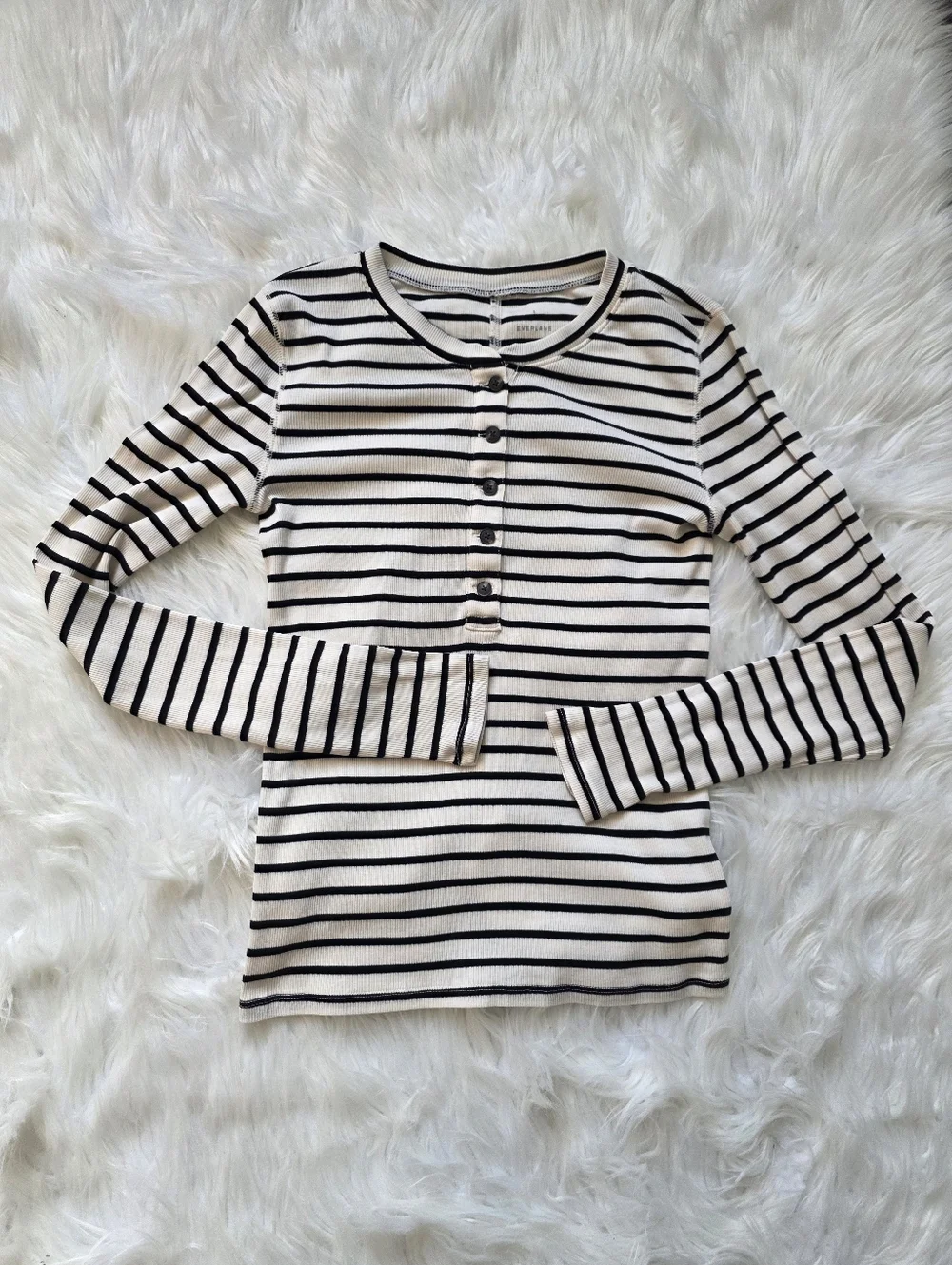 Everlane Beige Striped Long Sleeve Henley Top - Picture 2 of 3